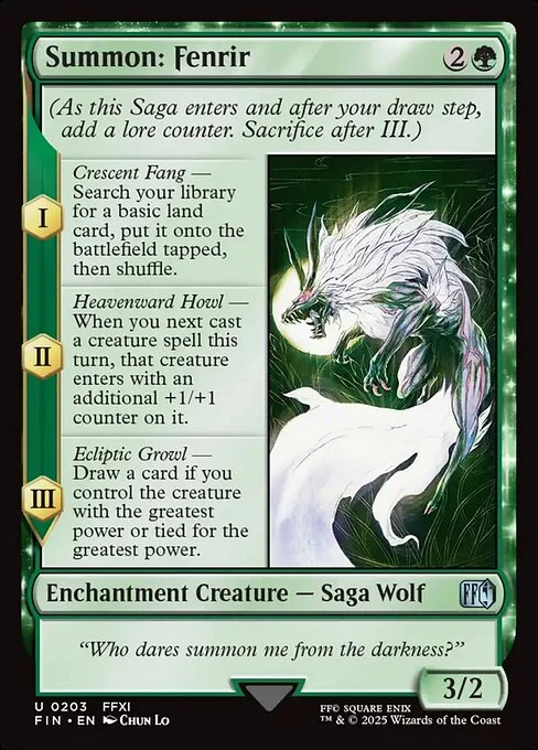 Summon: Fenrir, carta Magic di tipo Enchantment Creature — Saga Wolf illustrata da Chun Lo