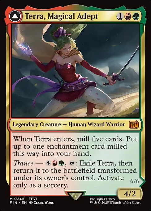 Terra, Magical Adept // Esper Terra, carta Magic di tipo Legendary Creature — Human Wizard Warrior // Legendary Enchantment Creature — Saga Wizard illustrata da Clare Wong