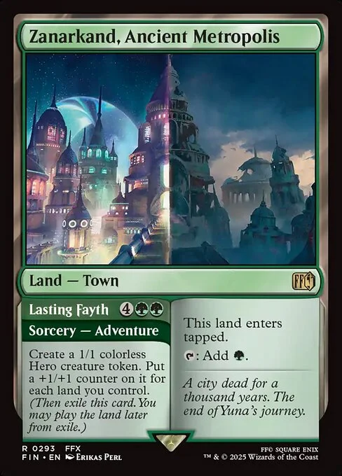 Zanarkand, Ancient Metropolis // Lasting Fayth, carta Magic di tipo Land — Town // Sorcery — Adventure illustrata da Erikas Perl