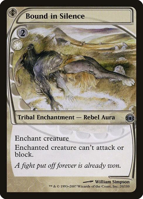 Bound in Silence, carta Magic di tipo Kindred Enchantment — Rebel Aura illustrata da William Simpson