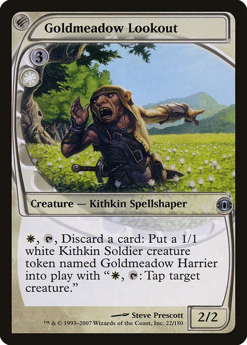 Goldmeadow Lookout, carta Magic di tipo Creature — Kithkin Spellshaper illustrata da Steve Prescott