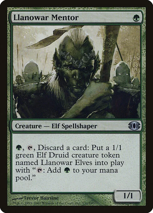 Llanowar Mentor, carta Magic di tipo Creature — Elf Spellshaper illustrata da Trevor Hairsine