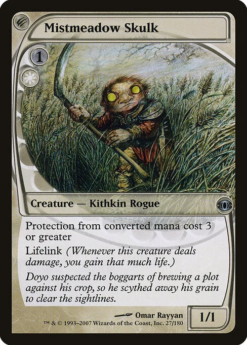 Mistmeadow Skulk, carta Magic di tipo Creature — Kithkin Rogue illustrata da Omar Rayyan