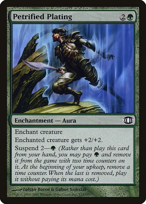 Petrified Plating, carta Magic di tipo Enchantment — Aura illustrata da Zoltan Boros & Gabor Szikszai