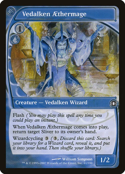 Vedalken Aethermage, carta Magic di tipo Creature — Vedalken Wizard illustrata da William Simpson
