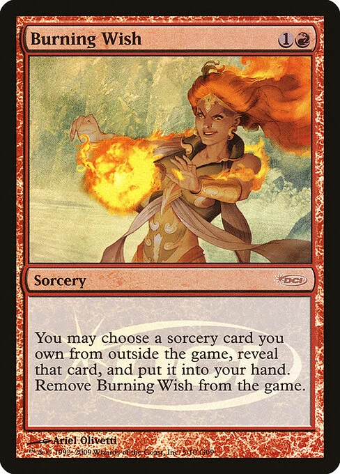 Burning Wish, carta Magic di tipo Sorcery illustrata da Ariel Olivetti