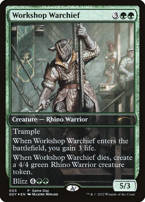 Workshop Warchief, carta Magic di tipo Creature — Rhino Warrior illustrata da Maxime Minard