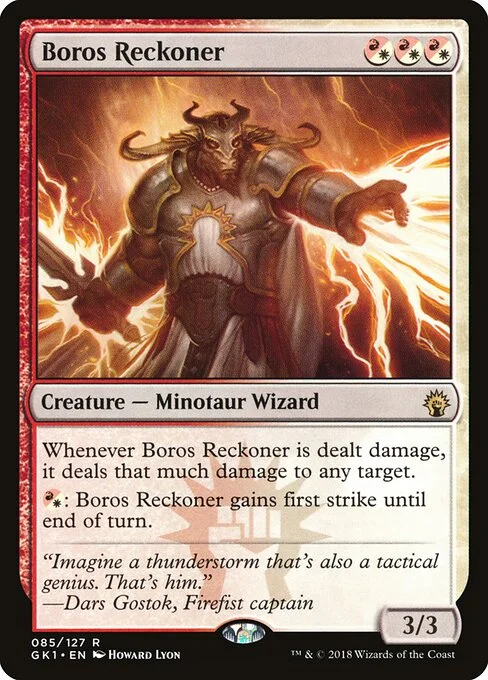 Boros Reckoner, carta Magic di tipo Creature — Minotaur Wizard illustrata da Howard Lyon