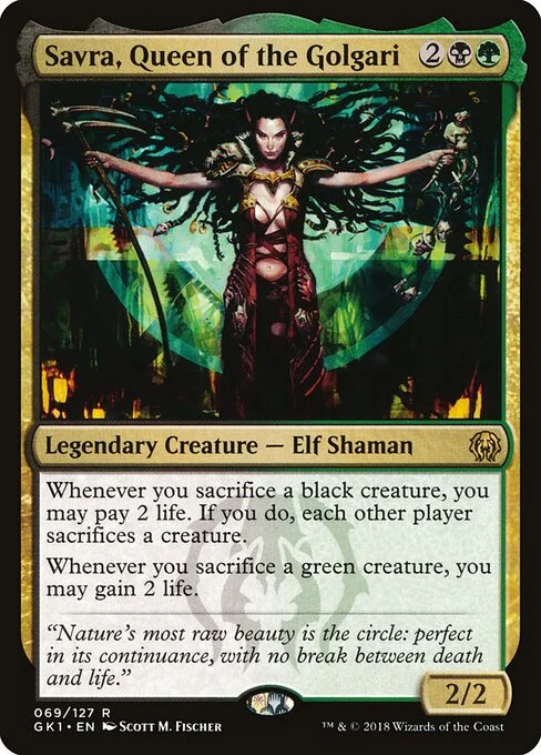 Savra, Queen of the Golgari, carta Magic di tipo Legendary Creature — Elf Shaman illustrata da Scott M. Fischer
