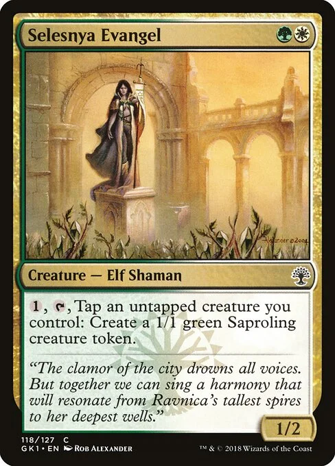 Selesnya Evangel, carta Magic di tipo Creature — Elf Shaman illustrata da Rob Alexander