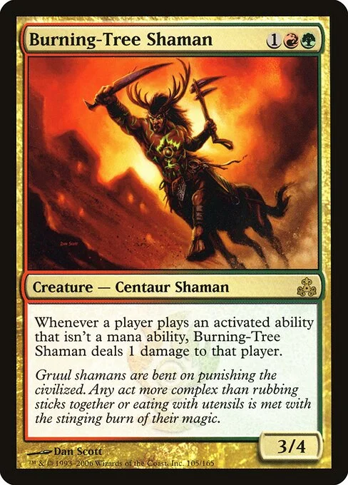 Burning-Tree Shaman, carta Magic di tipo Creature — Centaur Shaman illustrata da Dan Murayama Scott
