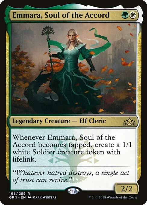 Emmara, Soul of the Accord, carta Magic di tipo Legendary Creature — Elf Cleric illustrata da Mark Winters