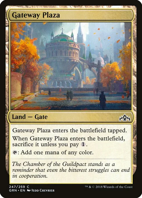 Gateway Plaza, carta Magic di tipo Land — Gate illustrata da Jedd Chevrier