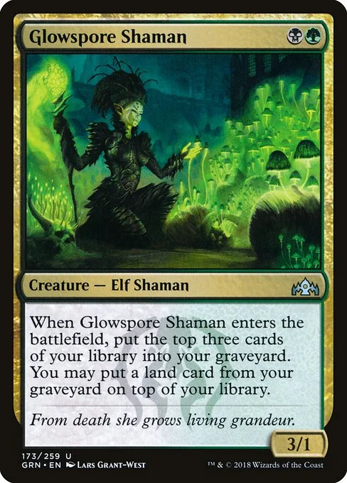 Glowspore Shaman, carta Magic di tipo Creature — Elf Shaman illustrata da Lars Grant-West