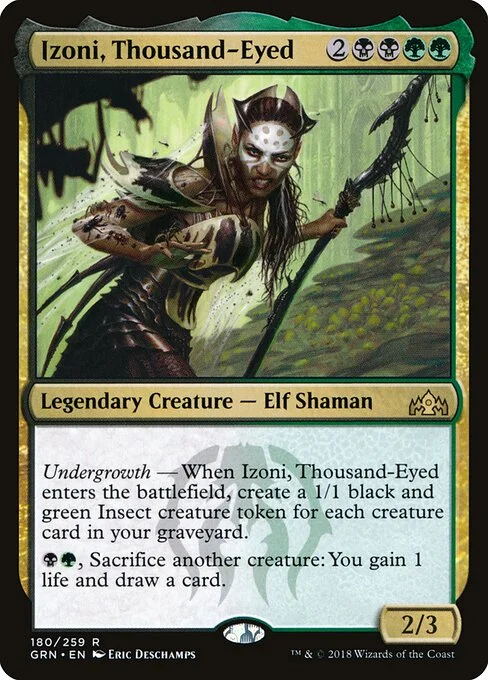 Izoni, Thousand-Eyed, carta Magic di tipo Legendary Creature — Elf Shaman illustrata da Eric Deschamps