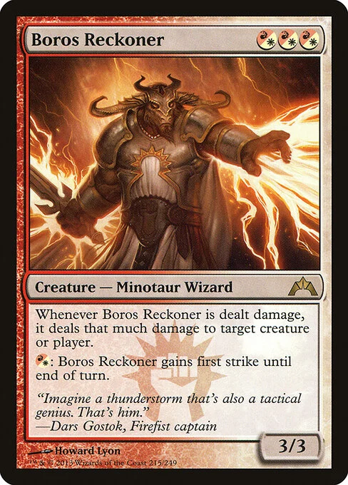 Boros Reckoner, carta Magic di tipo Creature — Minotaur Wizard illustrata da Howard Lyon