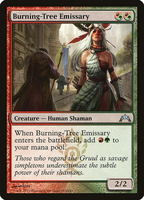 Burning-Tree Emissary, carta Magic di tipo Creature — Human Shaman illustrata da Izzy