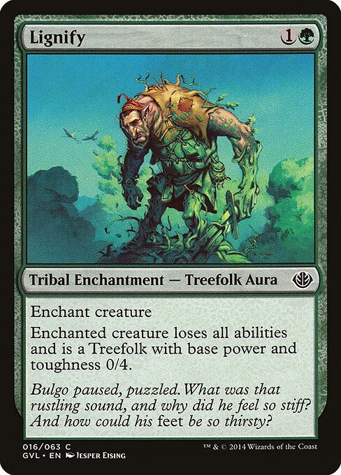 Lignify, carta Magic di tipo Kindred Enchantment — Treefolk Aura illustrata da Jesper Ejsing