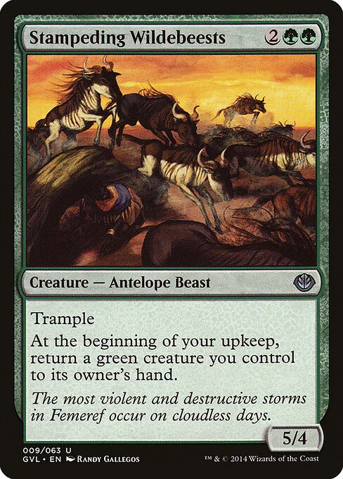Stampeding Wildebeests, carta Magic di tipo Creature — Antelope Beast illustrata da Randy Gallegos