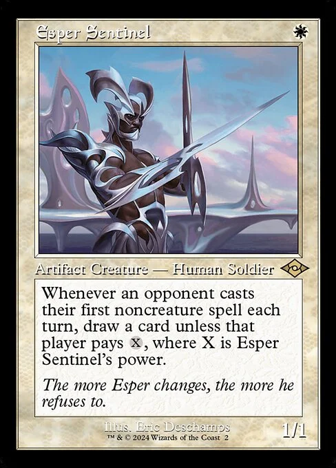 Esper Sentinel, carta Magic di tipo Artifact Creature — Human Soldier illustrata da Eric Deschamps