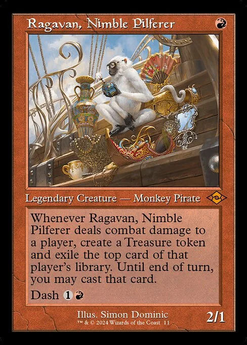 Ragavan, Nimble Pilferer, carta Magic di tipo Legendary Creature — Monkey Pirate illustrata da Simon Dominic