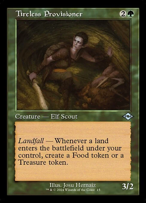 Tireless Provisioner, carta Magic di tipo Creature — Elf Scout illustrata da Josu Hernaiz