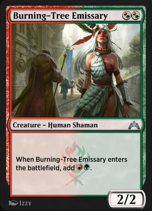 Burning-Tree Emissary, carta Magic di tipo Creature — Human Shaman illustrata da Izzy