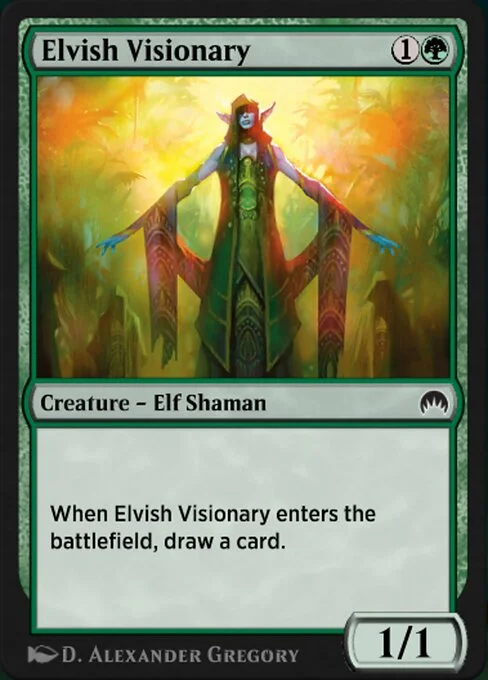 Elvish Visionary, carta Magic di tipo Creature — Elf Shaman illustrata da D. Alexander Gregory