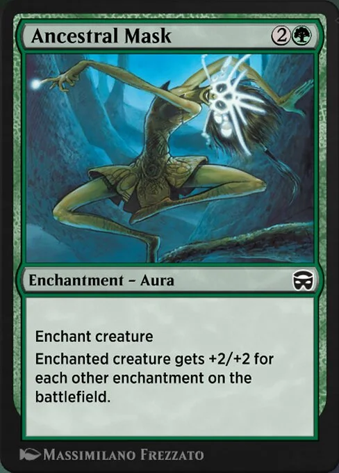 Ancestral Mask, carta Magic di tipo Enchantment — Aura illustrata da Massimiliano Frezzato