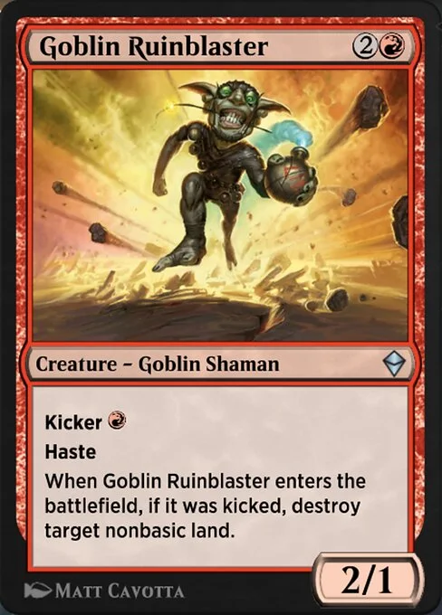 Goblin Ruinblaster, carta Magic di tipo Creature — Goblin Shaman illustrata da Matt Cavotta