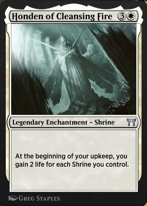 Honden of Cleansing Fire, carta Magic di tipo Legendary Enchantment — Shrine illustrata da Greg Staples