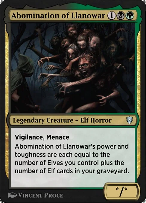 Abomination of Llanowar, carta Magic di tipo Legendary Creature — Elf Horror illustrata da Vincent Proce