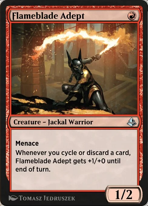 Flameblade Adept, carta Magic di tipo Creature — Jackal Warrior illustrata da Tomasz Jedruszek