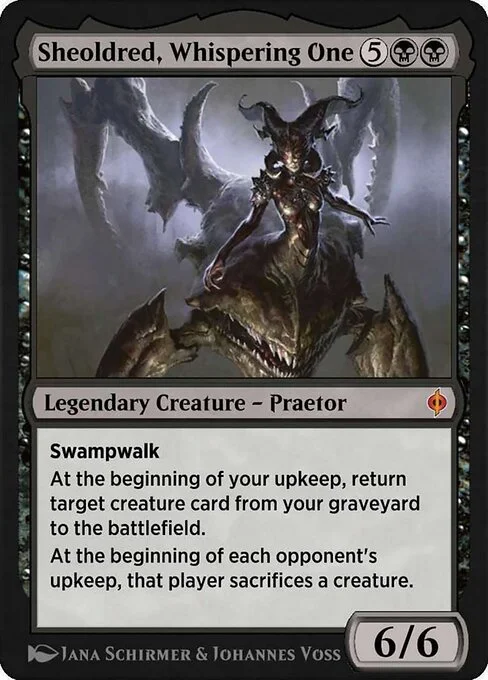 Sheoldred, Whispering One, carta Magic di tipo Legendary Creature — Phyrexian Praetor illustrata da Jana Schirmer & Johannes Voss