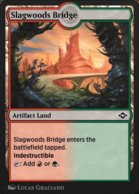 Slagwoods Bridge, carta Magic di tipo Artifact Land illustrata da Lucas Graciano