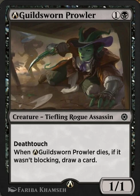 A-Guildsworn Prowler, carta Magic di tipo Creature — Tiefling Rogue Assassin illustrata da Fariba Khamseh