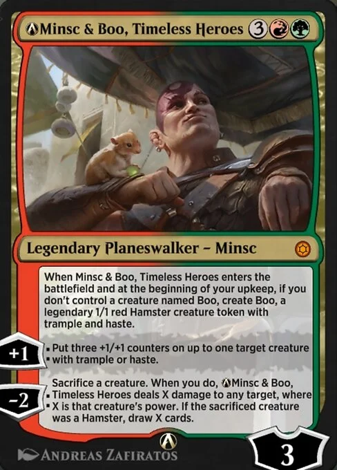 A-Minsc & Boo, Timeless Heroes, carta Magic di tipo Legendary Planeswalker — Minsc illustrata da Andreas Zafiratos