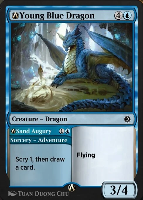 A-Young Blue Dragon // A-Sand Augury, carta Magic di tipo Creature — Dragon // Sorcery — Adventure illustrata da Tuan Duong Chu