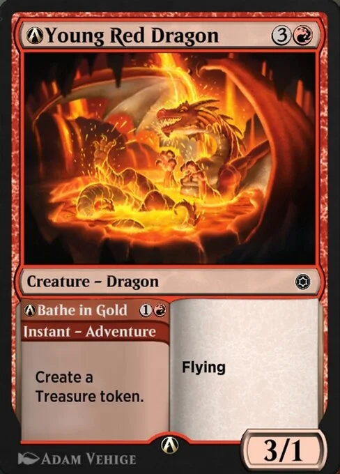 A-Young Red Dragon // A-Bathe in Gold, carta Magic di tipo Creature — Dragon // Instant — Adventure illustrata da Adam Vehige