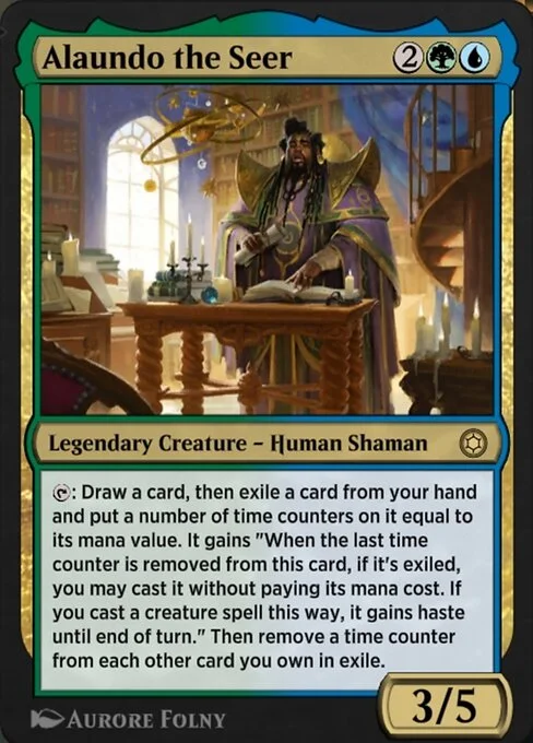 Alaundo the Seer, carta Magic di tipo Legendary Creature — Human Shaman illustrata da Aurore Folny
