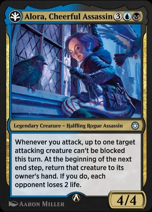 Alora, Cheerful Assassin, carta Magic di tipo Legendary Creature — Halfling Rogue Assassin illustrata da Aaron Miller