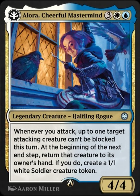 Alora, Cheerful Mastermind, carta Magic di tipo Legendary Creature — Halfling Rogue illustrata da Aaron Miller