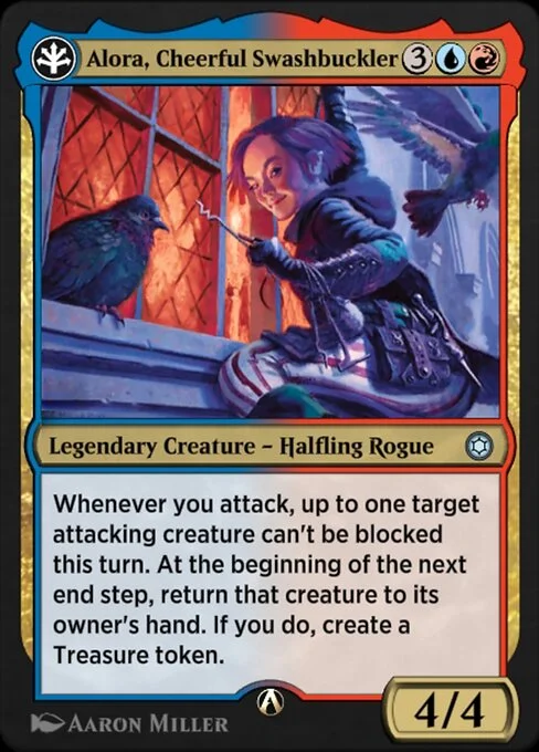 Alora, Cheerful Swashbuckler, carta Magic di tipo Legendary Creature — Halfling Rogue illustrata da Aaron Miller
