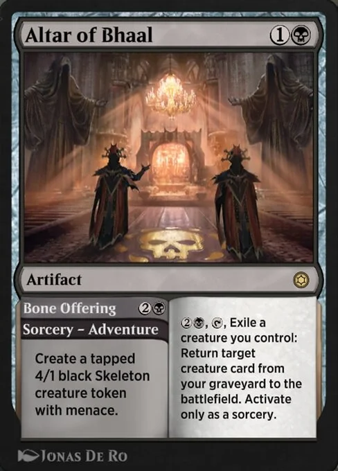 Altar of Bhaal // Bone Offering, carta Magic di tipo Artifact // Sorcery — Adventure illustrata da Jonas De Ro