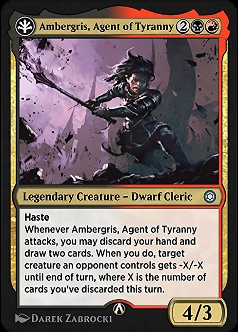 Ambergris, Agent of Tyranny, carta Magic di tipo Legendary Creature — Dwarf Cleric illustrata da Darek Zabrocki