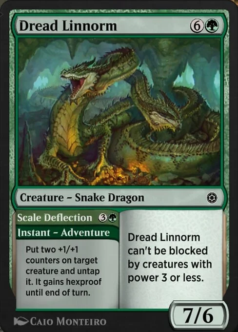 Dread Linnorm // Scale Deflection, carta Magic di tipo Creature — Snake Dragon // Instant — Adventure illustrata da Caio Monteiro