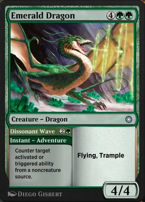 Emerald Dragon // Dissonant Wave, carta Magic di tipo Creature — Dragon // Instant — Adventure illustrata da Diego Gisbert