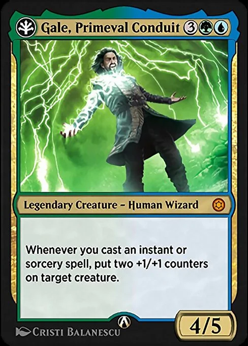 Gale, Primeval Conduit, carta Magic di tipo Legendary Creature — Human Wizard illustrata da Cristi Balanescu