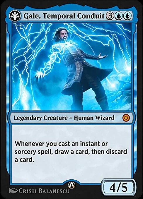 Gale, Temporal Conduit, carta Magic di tipo Legendary Creature — Human Wizard illustrata da Cristi Balanescu