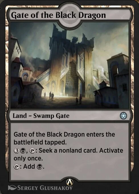 Gate of the Black Dragon, carta Magic di tipo Land — Swamp Gate illustrata da Sergey Glushakov